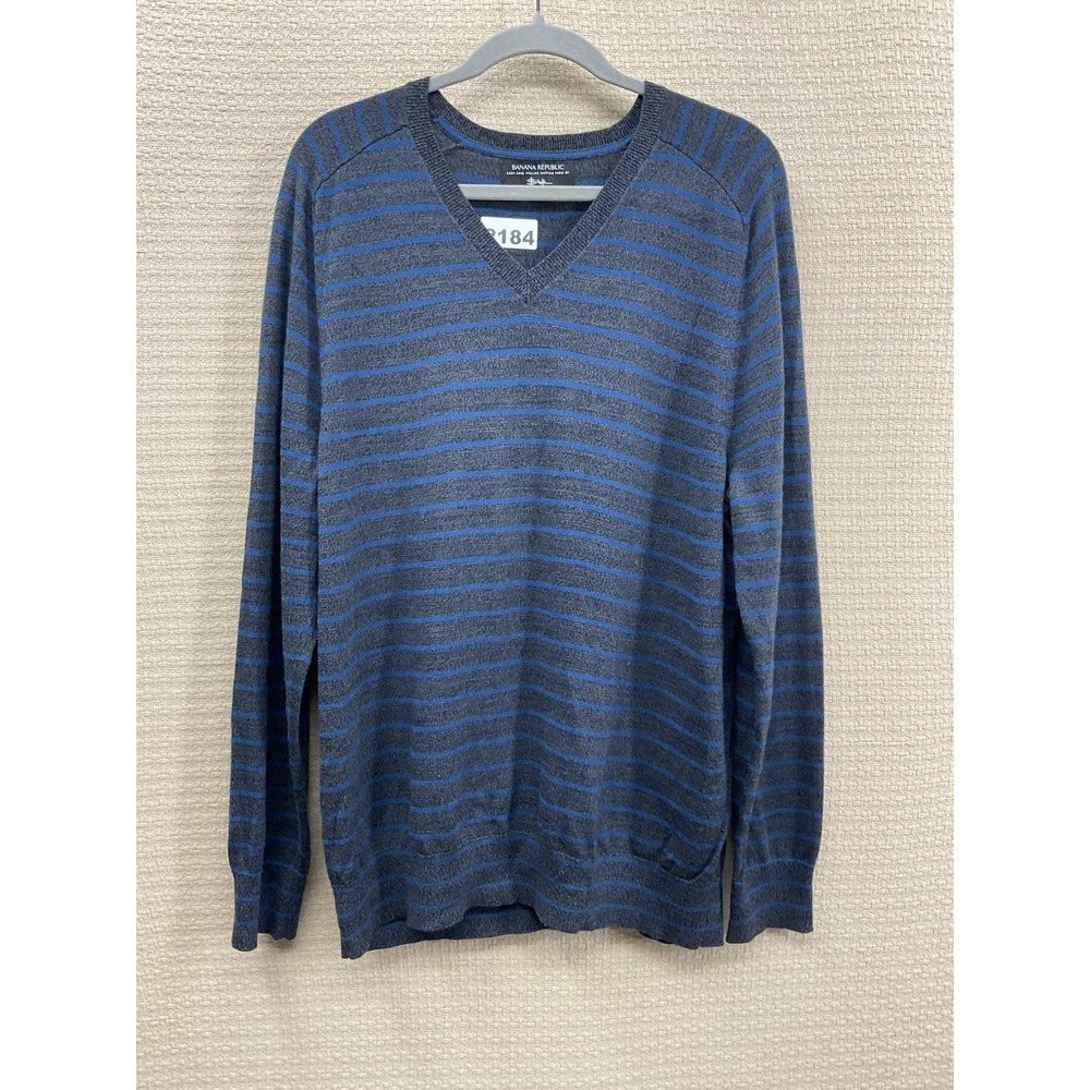 Banana Republic Baruffa Italian Merino Wool Sweater XL BlueGray Stripe Easy Care